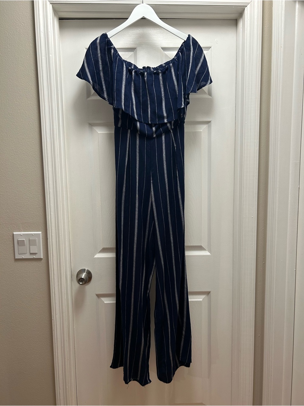 Altar'd State Boho Navy Blue & White Striped Off-Shoulder Jumpsuit Linen Blend